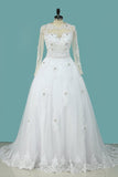 A Line Scoop Bridal Dresses Long Sleeves Tulle With Applique & Beading Detachable Skirt Chapel Train