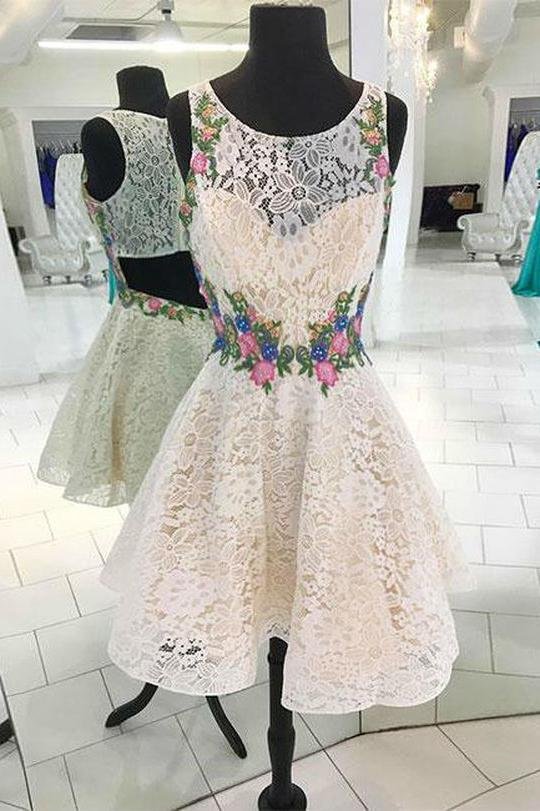 A Line Scoop Lace Sleeveless Open Back Homecoming Dresses Flowers Short Cocktail Dresses Rjerdress