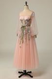 A Line Scoop Long Sleeve Prom Dresses with Floral Embroidery Long Formal Dresses Rjerdress