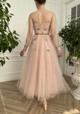 A Line Scoop Long Sleeve Prom Dresses with Floral Embroidery Long Formal Dresses Rjerdress
