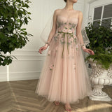 A Line Scoop Long Sleeve Prom Dresses with Floral Embroidery Long Formal Dresses