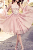 A Line Scoop Mid-Length Sleeves Homecoming Dresses Chiffon Knee Length Rjerdress