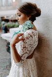 A Line Scoop Neck Vintage High Quality 3/4 Sleeves Lace Appliques Wedding Dresses Rjerdress