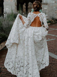 A Line Scoop Neck Vintage High Quality 3/4 Sleeves Lace Appliques Wedding Dresses