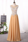 A Line Scoop Party Dresses Chiffon With Applique Floor Length Rjerdress