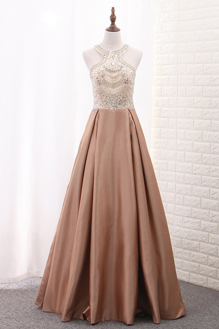 A Line Scoop Satin Formal Dresses With Beads Sweep Train Rjerdress