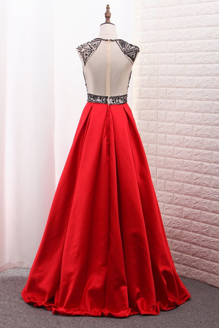 A-Line Scoop Satin Party Dresses Tulle Bodice Black Sequins Floor-Length With Pocket Rjerdress