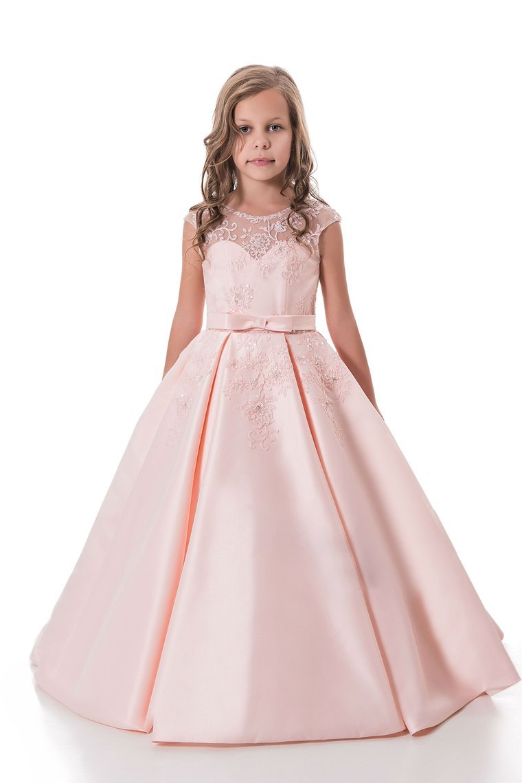 A Line Scoop Satin With Applique And Sash Floor Length Flower Girl Dresses Rjerdress