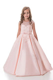 A Line Scoop Satin With Applique And Sash Floor Length Flower Girl Dresses