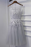 A Line Scoop Short Sleeves Tulle Homecoming Dresses With Applique