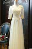 A Line Scoop Tulle Prom Dresses Mid-Length Sleeves With Applique Rjerdress