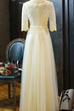 A Line Scoop Tulle Prom Dresses Mid-Length Sleeves With Applique Rjerdress