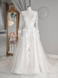 A Line See Through Long Sleeve Lace Appliqued Beach Wedding Dresses Rjerdress