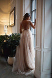 A-Line See-Through Neckline Appliques Tulle Pearl Pink Backless Prom Dresses RJS316 Rjerdress