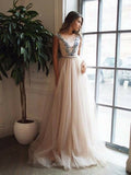 A-Line See-Through Neckline Appliques Tulle Pearl Pink Backless Prom Dresses RJS316
