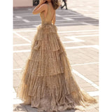 A Line See Through V Neck Long Prom Dresses Tiered Tulle Floor Length Formal Dress RJS429 Rjerdress