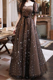 A Line Sequin Short Sleeves Prom Dresses, Tulle Floor Length Evening Dresses