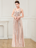 A Line Sequin V Neck V Back Sleeveless Gold Ruffles Maxi Evening Prom Dresses uk RJS336 Rjerdress
