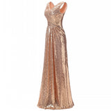 A Line Sequin V Neck V Back Sleeveless Gold Ruffles Maxi Evening Prom Dresses uk RJS336 Rjerdress
