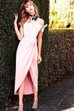 A-Line Sheath Pink Off-the-shoulder Silk-like Satin Tea-length Bow Prom Dresses UK RJS487 Rjerdress