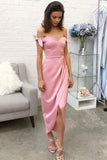A-Line Sheath Pink Off-the-shoulder Silk-like Satin Tea-length Bow Prom Dresses UK RJS487