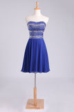 A Line Short/Mini Strapless Dark Royal Blue Chiffon Hoco  Dresses With Rhinestone