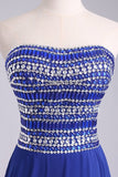 A Line Short/Mini Strapless Dark Royal Blue Chiffon Hoco  Dresses With Rhinestone Rjerdress