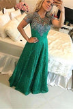 A Line Short Sleeve Green Lace Appliques Beads Wedding Guest Dresses Floor Length Evening Dress RJS931