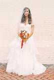 A-Line Short Sleeve Long Ivory Tulle Sweetheart Beaded Cute Backless Wedding Dresses UK
