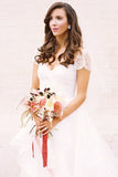 A-Line Short Sleeve Long Ivory Tulle Sweetheart Beaded Cute Backless Wedding Dresses UK Rjerdress