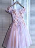 A Line Short Sleeves Pink Tulle Appliques Knee Length Homecoming Dresses
