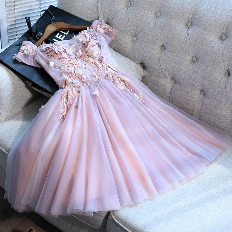 A Line Short Sleeves Pink Tulle Appliques Knee Length Homecoming Dresses Rjerdress
