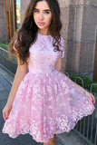 A-Line Short Sleeves Short Homecoming Dress With Lace Appliques Rjerdress