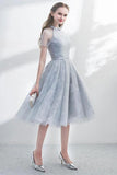 A Line Short Sleeves Tulle Halter Homecoming Dress with Lace Cute Short Cocktail Dress Rjerdress