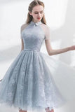 A Line Short Sleeves Tulle Halter Homecoming Dress with Lace Cute Short Cocktail Dress