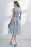 A Line Short Sleeves Tulle Halter Homecoming Dress with Lace Cute Short Cocktail Dress Rjerdress