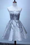 A Line Silver Strapless Mini Lace Shinny Sequin Lace up Appliques Homecoming Dresses Rjerdress