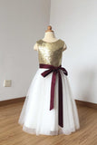 A Line Simple Light Gold Sequin Ivory Tulle Scoop Flower Girl Dress with Burgundy Sash Rjerdress