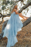 A Line Sky Blue Rustic Chiffon Deep V Neck Slit Beach Wedding Dresses