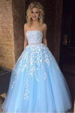 A Line Sky Blue Strapless Lace Appliques Tulle Beads Pockets Floor Length Prom Dresses UK RJS770