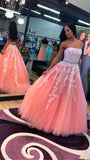 A Line Sky Blue Strapless Lace Appliques Tulle Beads Pockets Floor Length Prom Dresses UK RJS770 Rjerdress