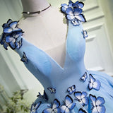 A Line Sky Blue V Neck Lace up Junior Cute Homecoming Dress with Butterfly Flowers Rjerdress