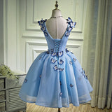 A Line Sky Blue V Neck Lace up Junior Cute Homecoming Dress with Butterfly Flowers Rjerdress
