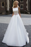 A-Line Sleeveless Long Ivory Pleated Prom Dress Backless Bateau Satin Wedding Dresses UK