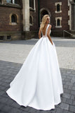 A-Line Sleeveless Long Ivory Pleated Prom Dress Backless Bateau Satin Wedding Dresses UK Rjerdress