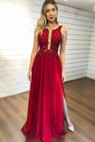 A-Line Sleeveless Split Prom Dresses with Appliques Beading Tulle Evening Dresses RJS628