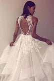 A Line Sleeveless Tulle Beach Wedding Dresses With Appliques, Cheap Prom Dresses Rjerdress