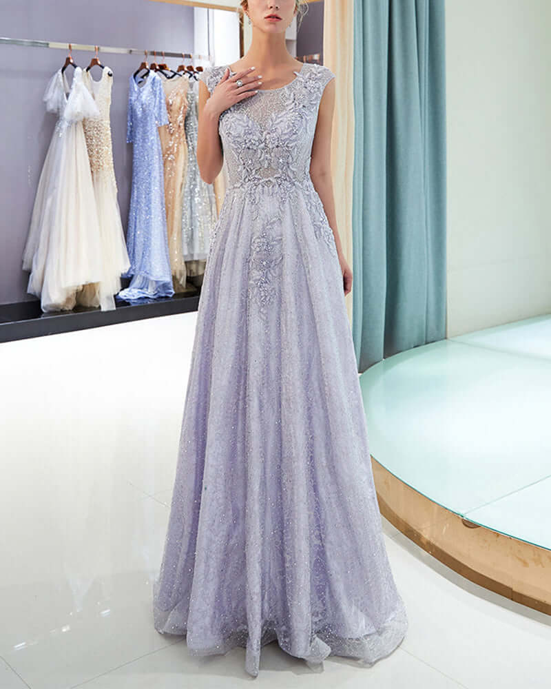 A-Line Sleeveless Tulle Long Jewel Prom Dresses With Appliques Rjerdress