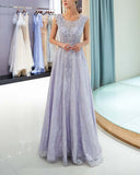 A-Line Sleeveless Tulle Long Jewel Prom Dresses With Appliques Rjerdress