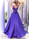 A Line Sleeveless V Neck Satin With Bowknot Sexy Floor Length Prom Dresses Rjerdress